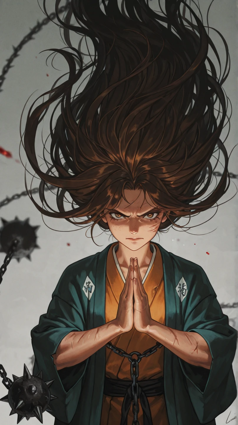 score_9, score_8_up, score_8, solo, 1girl, very long hair, copper eyes, luminescent copper hair, A super beautiful woman, vintage, survival weapon, retro vintage cartoon style, ghibli style , , scar, freckles, torn, fangs, stunning, athletic build, blood, mole, thorns, bruise, warrior princess, fierce, copper clothes, ethereal light and reflection refraction particles, single focused dramatic light visual effect, tall, muscular, large build, blind, white eyes, prayer beads, tear treaks, gentle giant, haori, kanji, buddhist prayer, uniform, axe, spiked flail, chain, gentle, kind, religious, pious, emotional, sensitive, strong sense of justice, wise, praying, stoic, powerful, strongest, Stone Breathing, enhanced strength, enhanced hearing, enhanced reflexes, weapon master, grey, blackish, battle pose, fighting stance, serious expression, determined, protective, leader, mentor , , masterpiece, simple background, surreal, beautiful composition, magazine, best quality, amazing quality , . cinematic film still, depth of field, highly detailed, epic, film grain, grainy, closed mouth