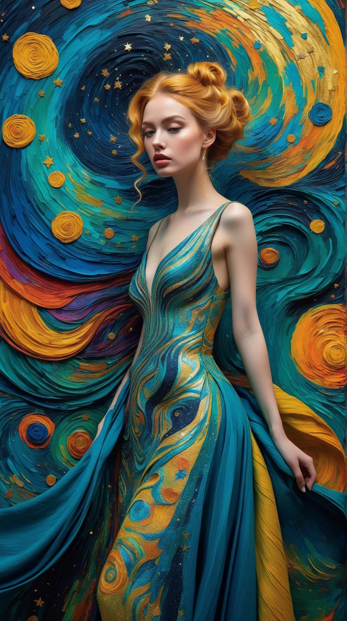 (Ultra-detailed, 8K resolution, hyper-realistic:1.3), soft-toned ethereal palette with subtle gradients, masterful oil painting texture (impressionistic, impasto strokes:1.2), blending Cubist geometry, Fauvist vibrancy, Surrealist dreamscapes, and Abstract expressionism into a cohesive avant-garde fashion design.**  very beautiful, very elegant

**A striking woman stands at the center, her gown morphing dynamically: angular Cubist patterns cascade into bold Fauvist color blocks, surreal floral motifs, and fluid Abstract shapes. Celestial constellations (Van Gogh-inspired swirling galaxies, luminescent stars:1.2) embroider her attire, merging seamlessly with a cosmic starry sky backdrop. The scene radiates otherworldly depth, with iridescent stardust, chromatic aberrations, and a soft chiaroscuro glow highlighting her poised figure. Richly textured canvas, dynamic composition, and a harmonious fusion of art movements evoke a timeless, museum-quality masterpiece.**  

**Additional keywords:** Subtle gold leaf accents, Art Nouveau elegance, fragmented mirrors (Surrealism), prismatic light diffusion, cosmic serenity.  

---  
This prompt emphasizes technical quality, interweaves specific art movement influences into the design, and creates a cohesive, dreamlike narrative between the figure and the cosmos. Weightings (e.g., `:1.2`) can be adjusted based on your AI tool’s syntax.