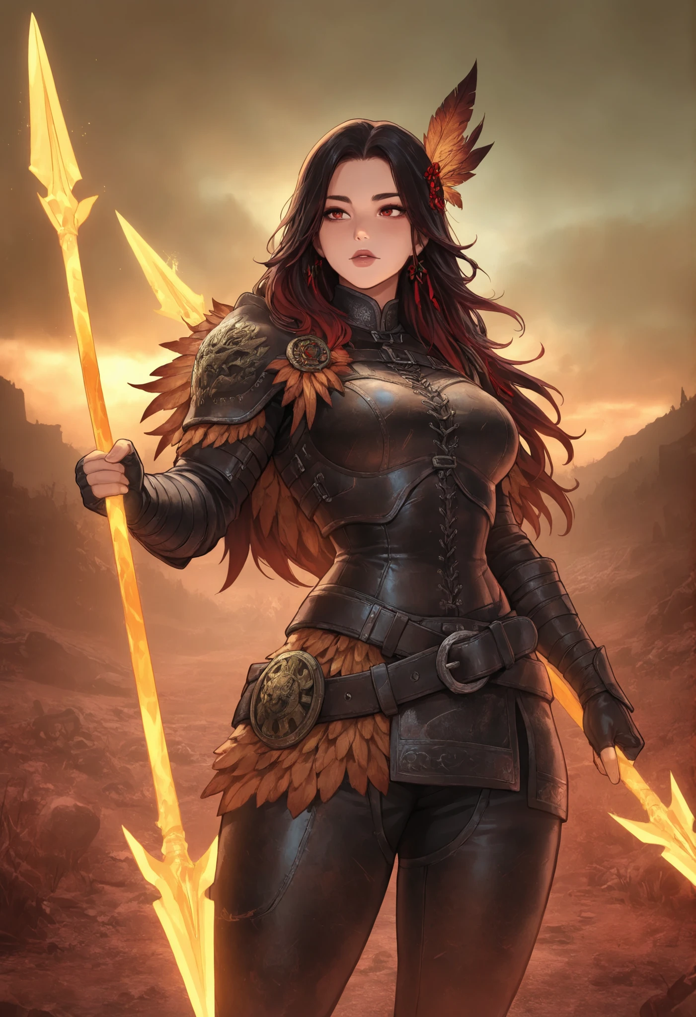 1girl,Hou Yi in Ranger's leather armor, solar longbow crafted from blackthorn, phoenix feather arrows, wasteland with shattered sun relics, post-apocalyptic Chinese mythology
,masterpiece, best quality, newest, highres, absurdres,