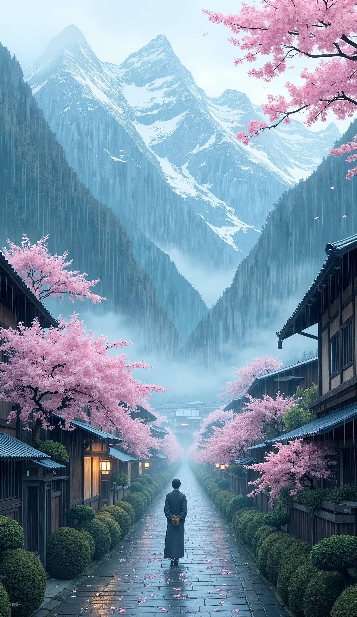 masterpiece, Best Quality, details,Silence、Village deep in the mountains、Yamazakura、rain、rain雲、 Deep Mist、Cherry blossoms in Yoshino