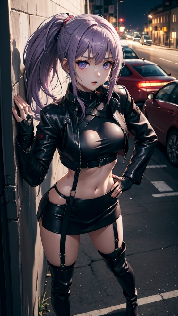 8k, arms behind back, full body, slim figure, medium bust, curvy girl model, 18 year old female model, burn scar on face, burn scar on right side of body, purple eyes, long dark purple hair, hair over one eye, A goth punk girl in a rugged, industrial setting, wearing a studded leather jacket and tulle skirt, with dramatic makeup and punk hair