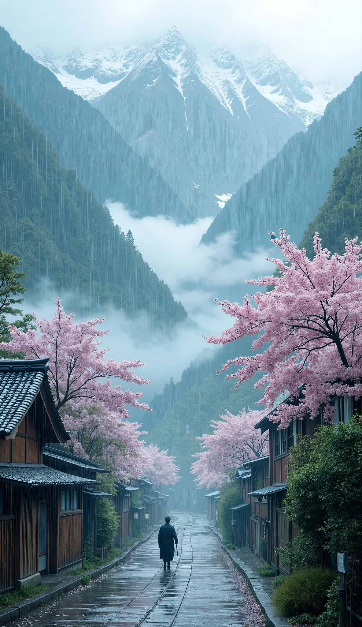 masterpiece, Best Quality, details,Silence、Village deep in the mountains、Yamazakura、rain、rain雲、 Deep Mist、Cherry blossoms in Yoshino
