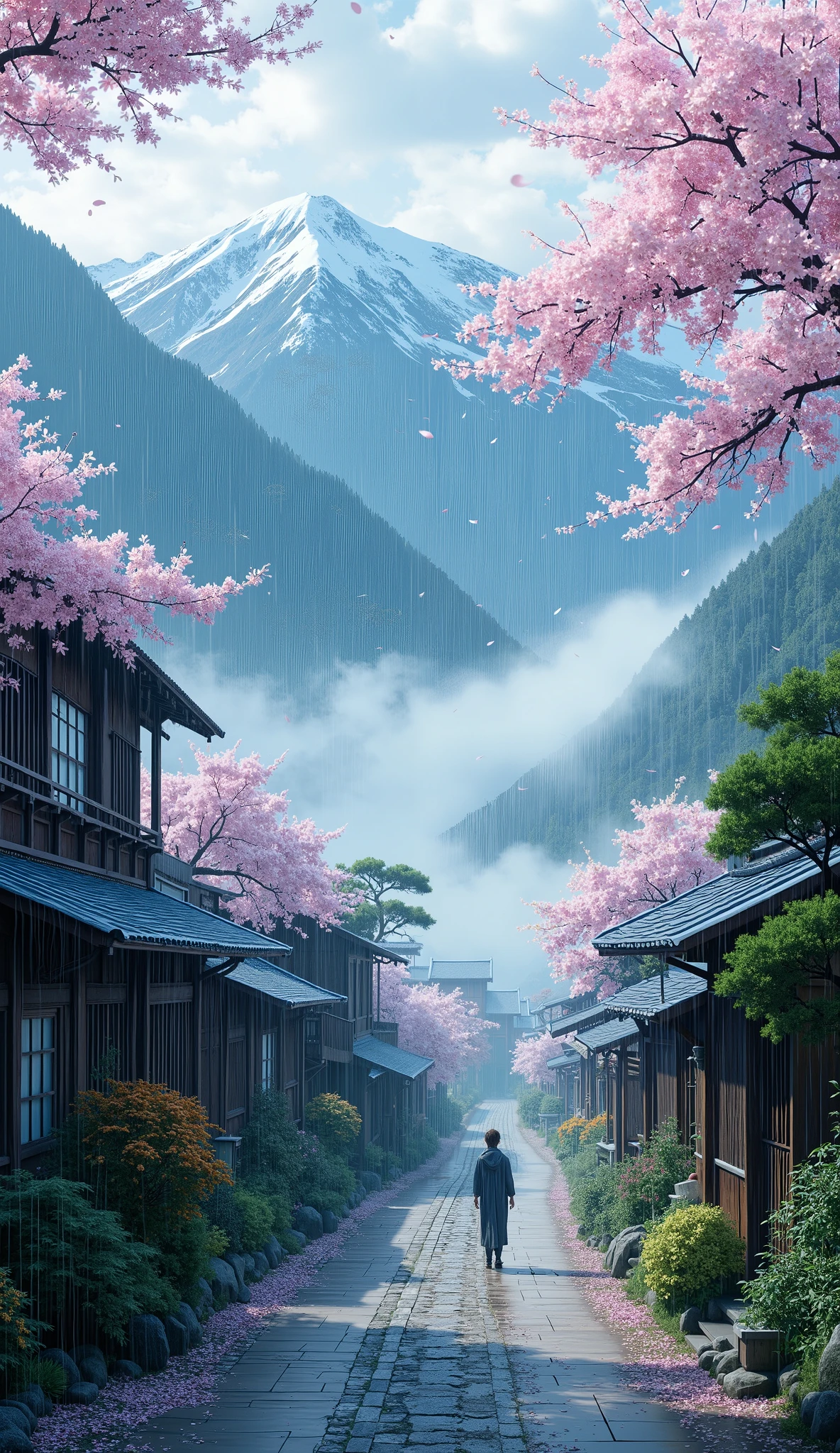 masterpiece, Best Quality, details,Silence、Village deep in the mountains、Yamazakura、rain、rain雲、 Deep Mist、Cherry blossoms in Yoshino