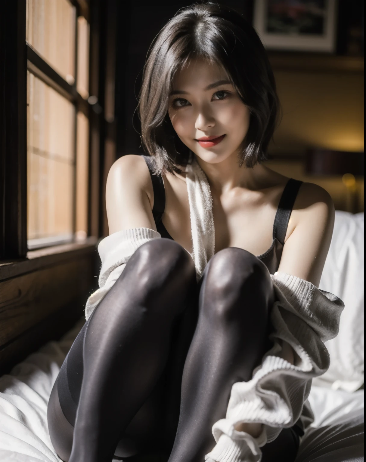 ((full body)),((full pose picture)) Masterpiece: 1.3), (8K, Photorealistic, RAW Photography, Best Quality: 1.4), Japan Girls, Standard Body Shape: 1.3, (light brown straight bob Hairstyle: 1.4), Ultra Detail Face, Eyes of Detail, Double Eyelids, slim legs, slim body, 20 years old girl, teen, ((squatting:1.4)), Slouching Breasts, Sharp Focus: 1.2, Pretty Women: 1.4, Light black Hair, Top Quality, wink, blushing, Masterpiece, ((smile:1.3)), Ultra high resolution, firm buttocks, black eye shadow, (photorealistic: 1.4), very detailed and professional lighting smile, hotel room, white pijama:1.4, unbuttoned pijama, bare feets:1.4,