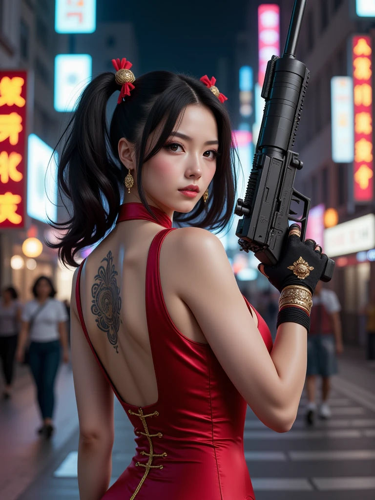 Cyberpunk，(A big gun that looks like a toy in both hands)，(show your forehead)，(forehead is exposed)，((((((An insanely big gun in both hands))))))，Forehead，(Hair perfectly divided into 2 parts)，1 girl,  pure white skin，black hair twin tail， An impossibly big gun，red china clothes，A qipao with a velvety texture ，Night in the downtown area，red eyes
Hold up your gun，dynamic posing，tribal tattoo