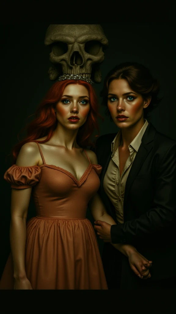 lesbian women one redhead the other brunette kissing, hyper-detailed, dynamic pose, complex, realistic style, dimly lit, dark fantasy concept art, full-length portrait, golden ratio, depth of field, intricate details, subtle colors, fantastic, ultra focus sharp, light particles, epic, cinematic, a masterpiece, 8k, photorealistic, strong contours, cinematic