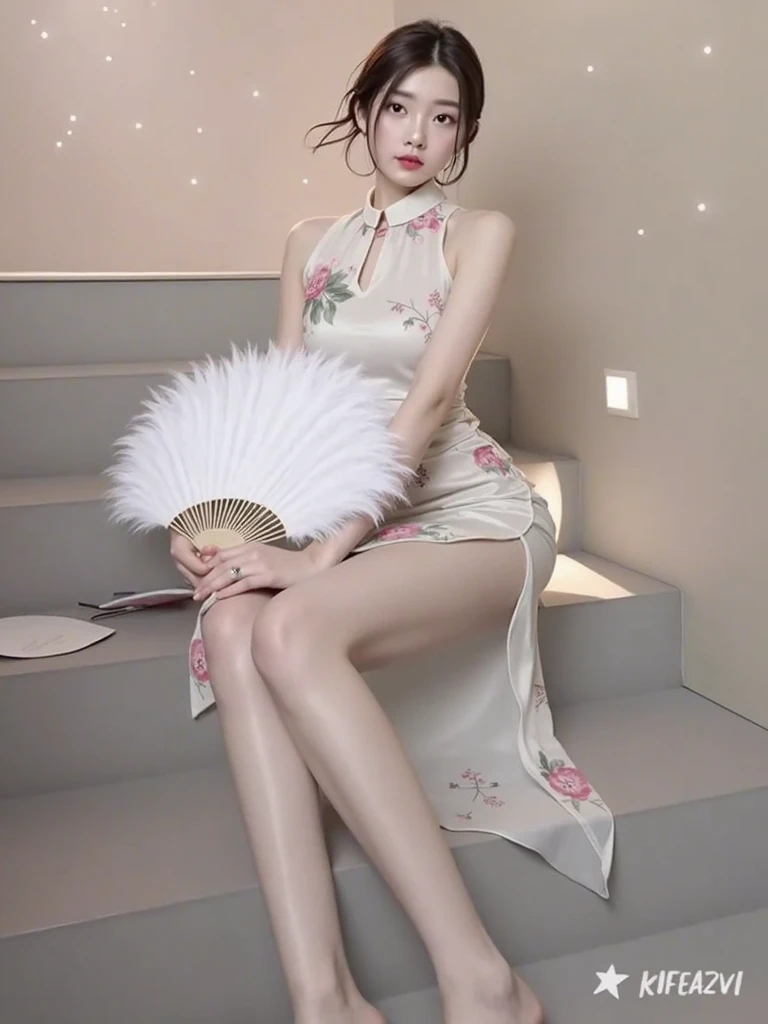 (8k、RAW Photos、Highest quality、masterpiece:1.2)、(Realistic、Realistic)、1 、((China dress:1.2、Thin legs、whole body、View from the front、smile、Looking into the camera、Stand with hands on hips))、cute、Legs visible through the slit