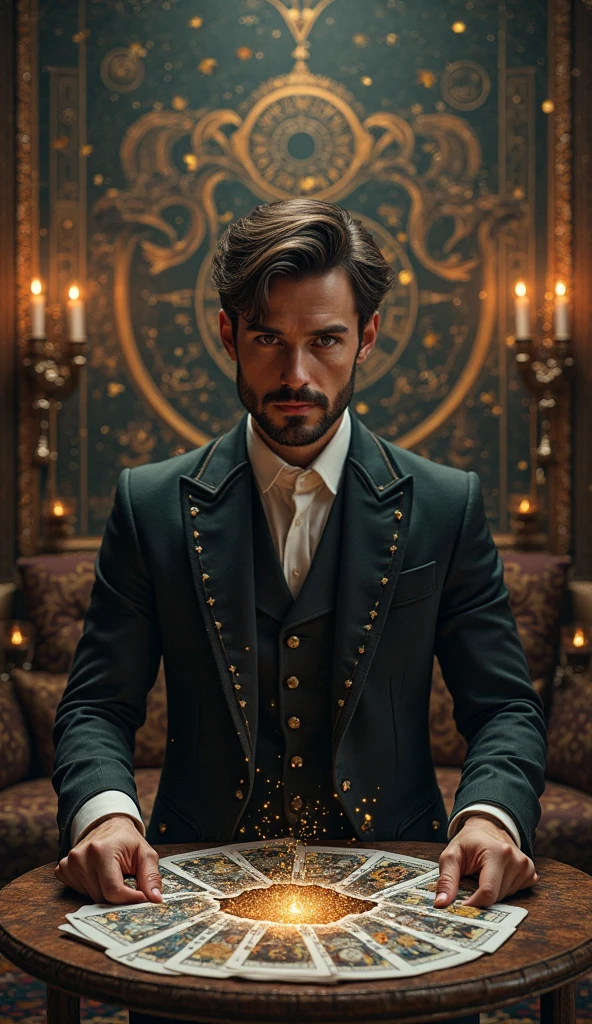 Create a creative and super authentic professional, creative and super authentic with small tarot cards and astrological symbols to promote card magic services, especially in 50 texts% Off and open table for appointments and work 