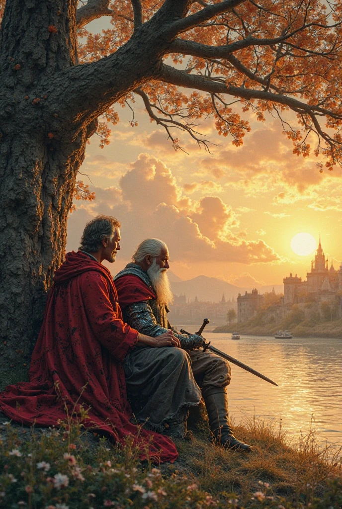 Two men sat under a tree, near a river. The first man is a knight that has a sword, with blood that came from war. The second man is a wise man, he is old, and is wearing a red, torn, worn-out cape. He has torn-out clothing. The sky is a sunset, and the clouds are fluffy. The tree that they are sitting under in is old. From afar, a kingdom can be seen having a brutal war.
