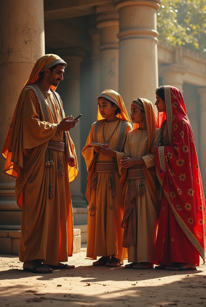 55 year old Palestinian man, with his wife, she is a 35 year old woman, very sensual, in sensual clothes, they are with their children, biblical clothes, Detailed image, ultra-realistic, cinematic, 4k