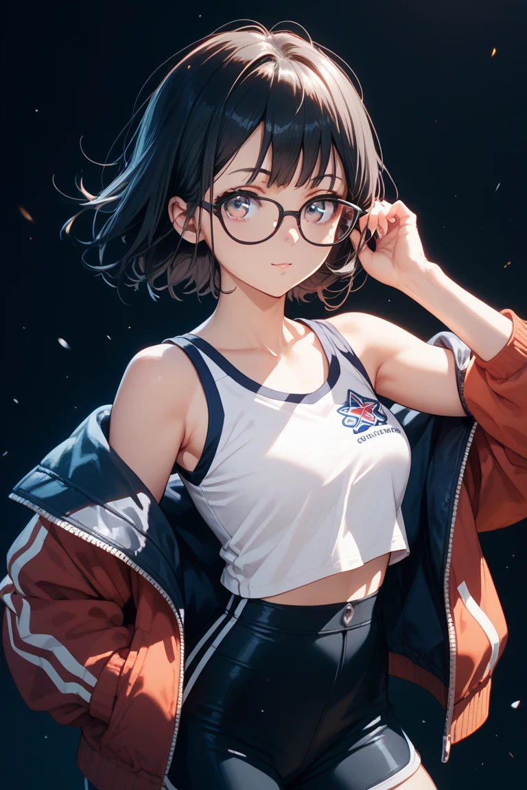 Best quality at best, masterpiece, Top-down view, 1boy, trap, otoko no ko, androgynous, 10years old, child, with short black hair, medium breasts, looking at viewer, smile, track suit, jogging, Off-the-shoulder attire, perspire, scowling, sweat, shorts, Sports bra, Bust photo, sportrait, School playground, blushing, glasses, desktop wallpaper, highly detailed, freckles, small hips, large bulge, muscle arms, pervert, petite