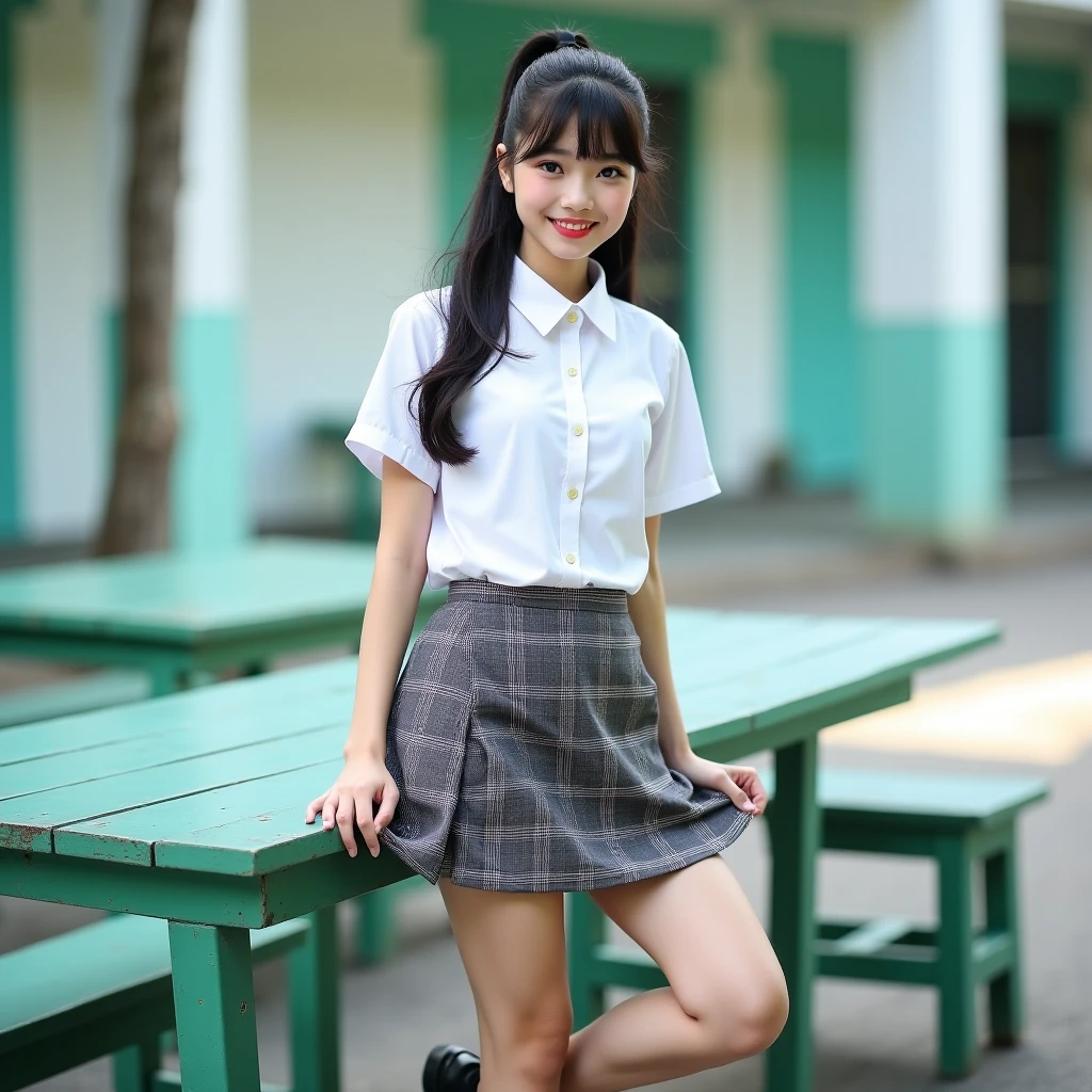 Korean girl,(sitting on a wooden chair),(short skirt),(shirt),(Lift one leg.),(sincere),(spring),(cool)