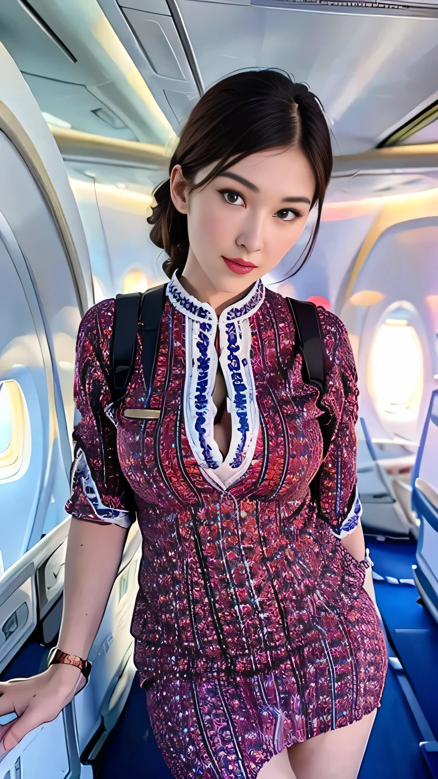 ((Highest quality、Tabletop、8K、Best image quality、Hyperrealism))、（（1 female stewardess、walk gracefully down the aisle、Cowboy Shot、Take a photo of her from the waist up))、((The background is the first class aisle of an airplane..))、((perfect stewardess uniform、Very short nylon scarf))、(Exposing the forehead、Hair Bun)、Big ample breasts、Biggest Smile、white big teeth、Perfect Makeup、Long eyelashes、Look at me、Have the best smile、Perfect Anatomy、Bright lighting
(((A pink floral bra is visible)))
