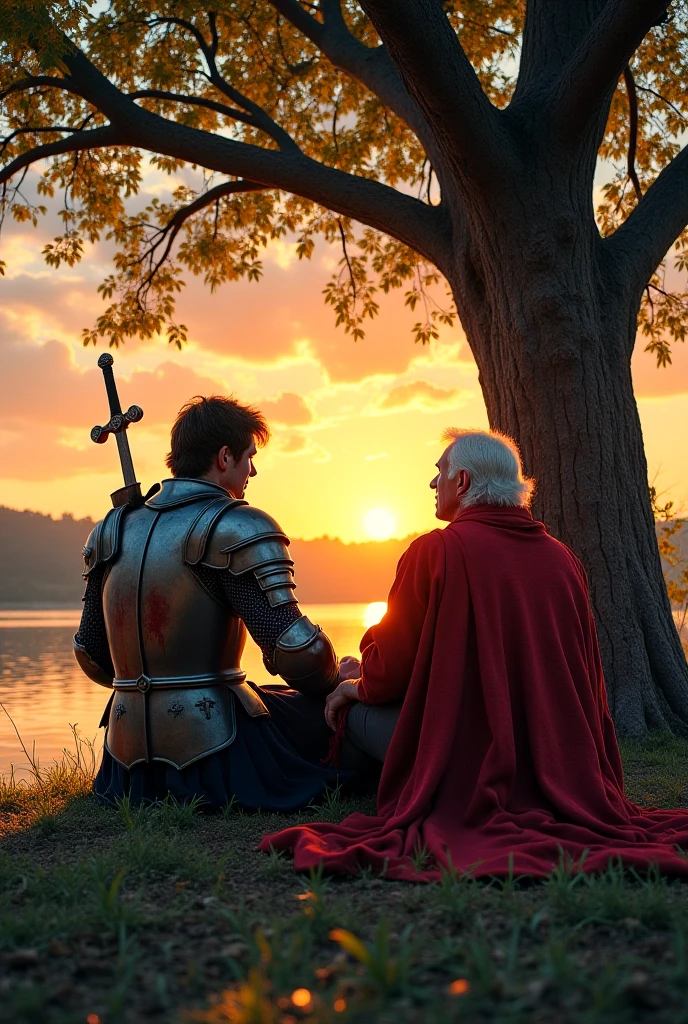 Two men sat under a tree, near a river. The first man is a knight that has a sword, with blood that came from war. The first man has a full knight armour. The second man is a wise man, he is old, and is wearing a red, torn, worn-out cape. He has torn-out clothing. The sky is a sunset, and the clouds are fluffy. The tree that they are sitting under in is old. From afar, a kingdom can be seen having a brutal war.