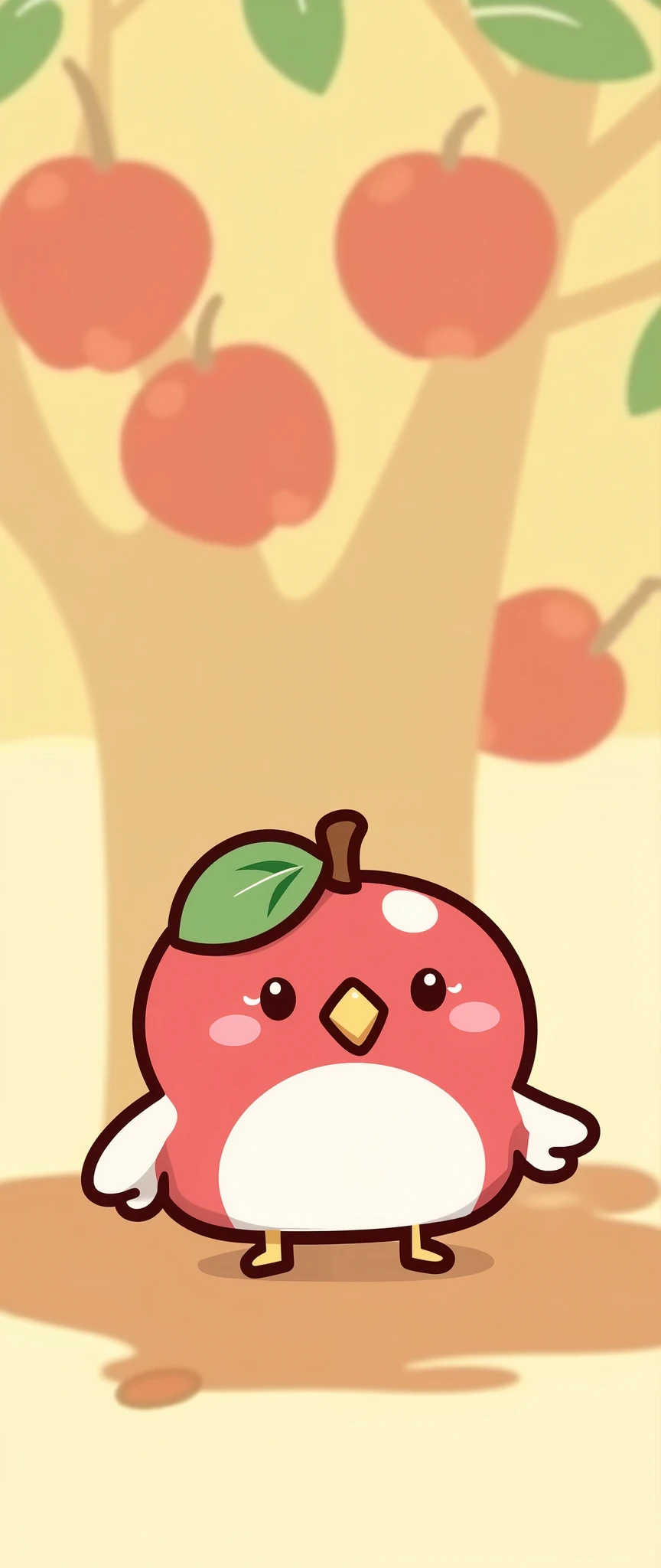 (masterpiece:1.2,Top Quality, Ultra High Resolution ,very detailed, RAW photos ,photorealistic),A super cute, San-X style character: a small round bird combined with an apple, called "Torin-go". The character has a soft, pastel color palette. It has a chubby bird body shaped like a red apple, with a tiny beak, little wings, and a green leaf on its head like an apple stem. The eyes are small and shiny, and the cheeks are pink and blushing. The background is minimal, soft, and warm. The illustration style is soft, fluffy, and kawaii, perfect for a healing character design.,(The background depicts an apple tree:2.0)