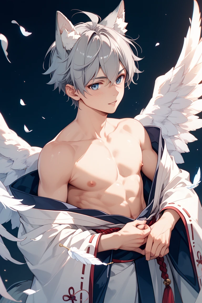 Anime style of Satoru Gojo, naked boy with white hair and blue eyes, short curly hair and shirtless, giving the impression of having wings of angels, seated peacefully on fluffy clouds in the sky, white and gray scattered clouds, ethereal angelic, cute penis expose