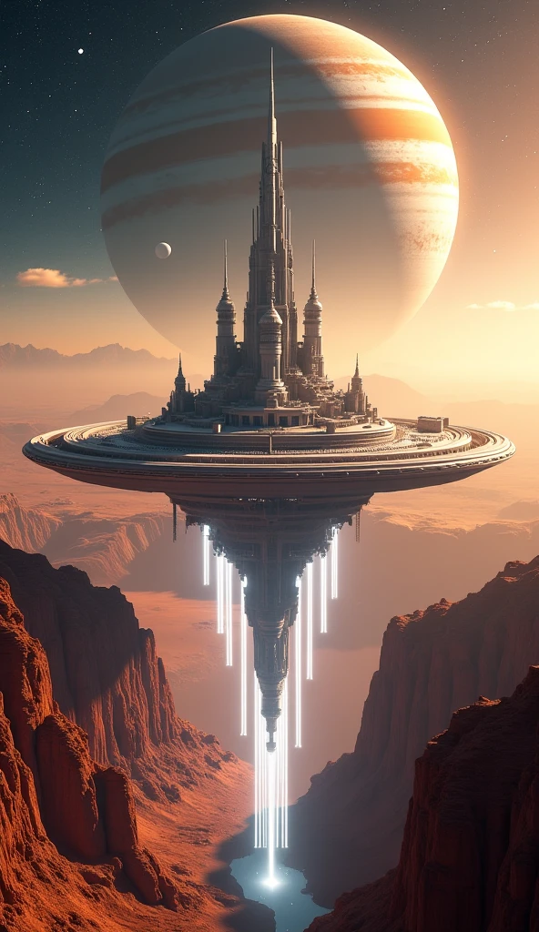Create a breathtaking, cinematic panorama of an advanced alien civilization's capital city, built with spectacular futuristic architecture on a desolate terrestrial moon or planet. The city itself is a massive, intricate circular structure, featuring a dense cluster of towering, elegantly designed skyscrapers reaching skyward at its core, surrounded by interconnected lower levels forming a wide, complex ring. Depict powerful beams of light or energy pillars extending downwards from the city's base, suggesting it hovers majestically over a reflective body of water or a layer of low-lying mist filling a vast canyon basin below.

Surround the city with a vast, rugged landscape of reddish-brown rock formations, deep canyons, and weathered mountains stretching towards the horizon. Dominating the star-dusted sky is a colossal, awe-inspiring gas giant planet, reminiscent of Jupiter with detailed atmospheric bands, swirling storms, and perhaps a prominent great spot, partially illuminated and hanging large above the horizon. The lighting should be dramatic yet serene, primarily originating from the city's internal illumination and the soft, reflected light cast by the giant planet, bathing the scene in warm, golden, and ambient tones against the deep blues and blacks of space. Render this scene with hyperrealistic detail, emphasizing the grand scale, intricate architectural elements, atmospheric haze, and the overall sense of cosmic wonder and advanced technology. The mood should be majestic, awe-inspiring, and slightly mysterious.