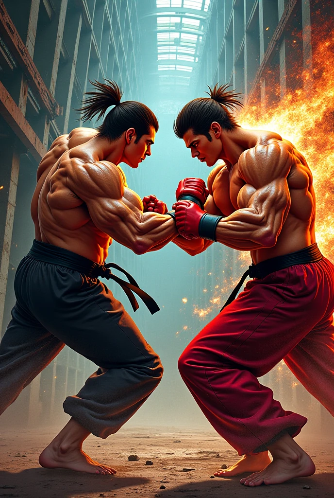In the gritty backstreets of the city, two determined boys square off in an intense street fight. Their faces are marked with grit and determination as they circle each other, fists clenched and muscles tense. Trash cans and debris litter the dimly lit alley, serving as an unconventional battleground. The neon signs overhead cast a surreal, flickering glow, adding to the atmosphere of raw energy. Their movements are lightning-fast, a blur of fists and feet, as they exchange powerful blows and calculated strikes. The sound of their grunts and the impact of their punches echo through the narrow alley, unnoticed by the world beyond. It's a fight born of pride, rivalry, or perhaps a deeper conflict, and it rages on with an intensity that can only be found in the unforgiving streets of the city. Render all the scene in a hand drawing manga style and japanese animation