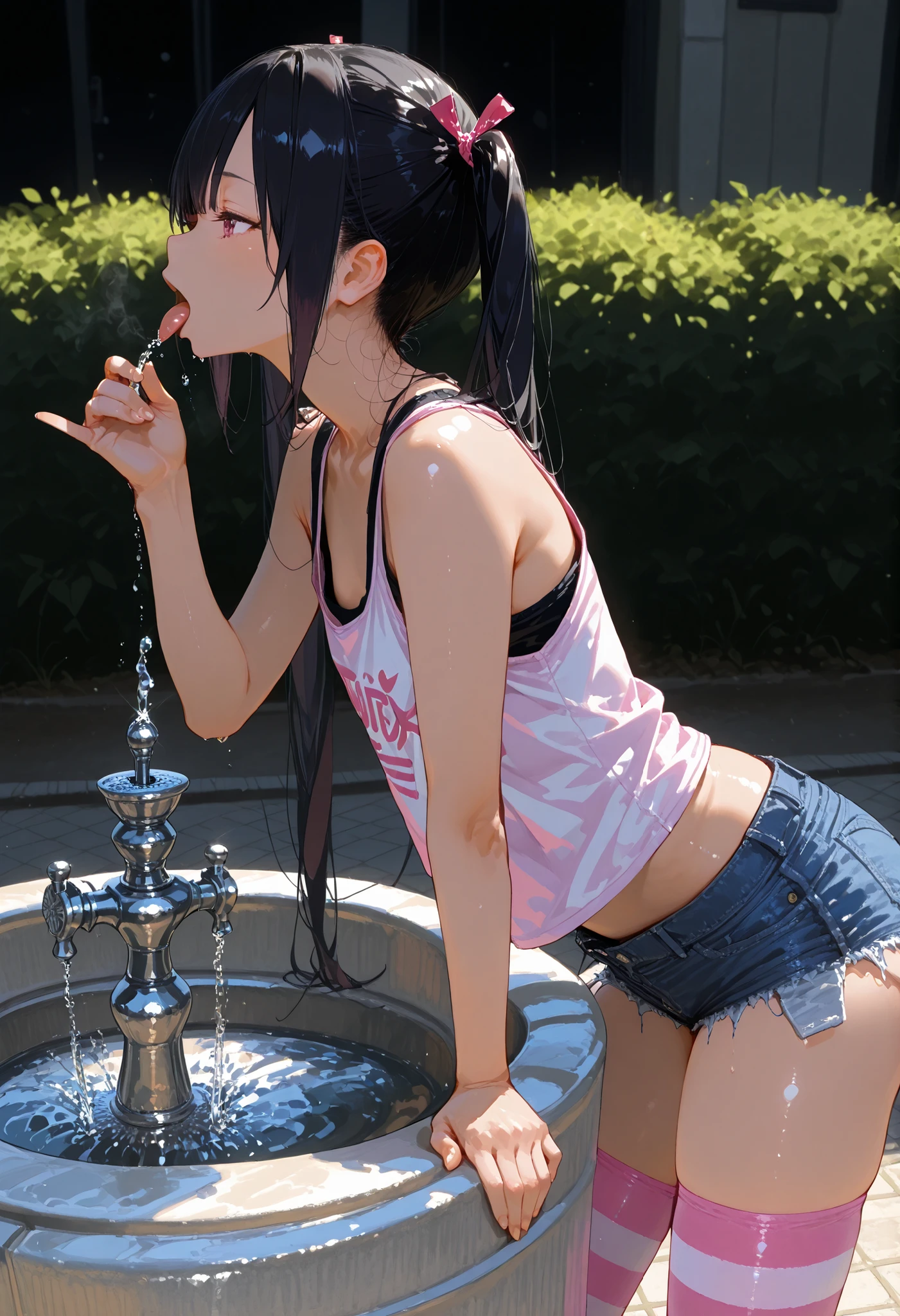 D_jirooo , 1girl ,, tanktop , hotpants , twintails , black_hair , flat_chest , pink_striped_thighhighs , drinking_fountain , adjusted_hair , from_side , profile , glancing_at_viewer , tongue_out , leaning_foward