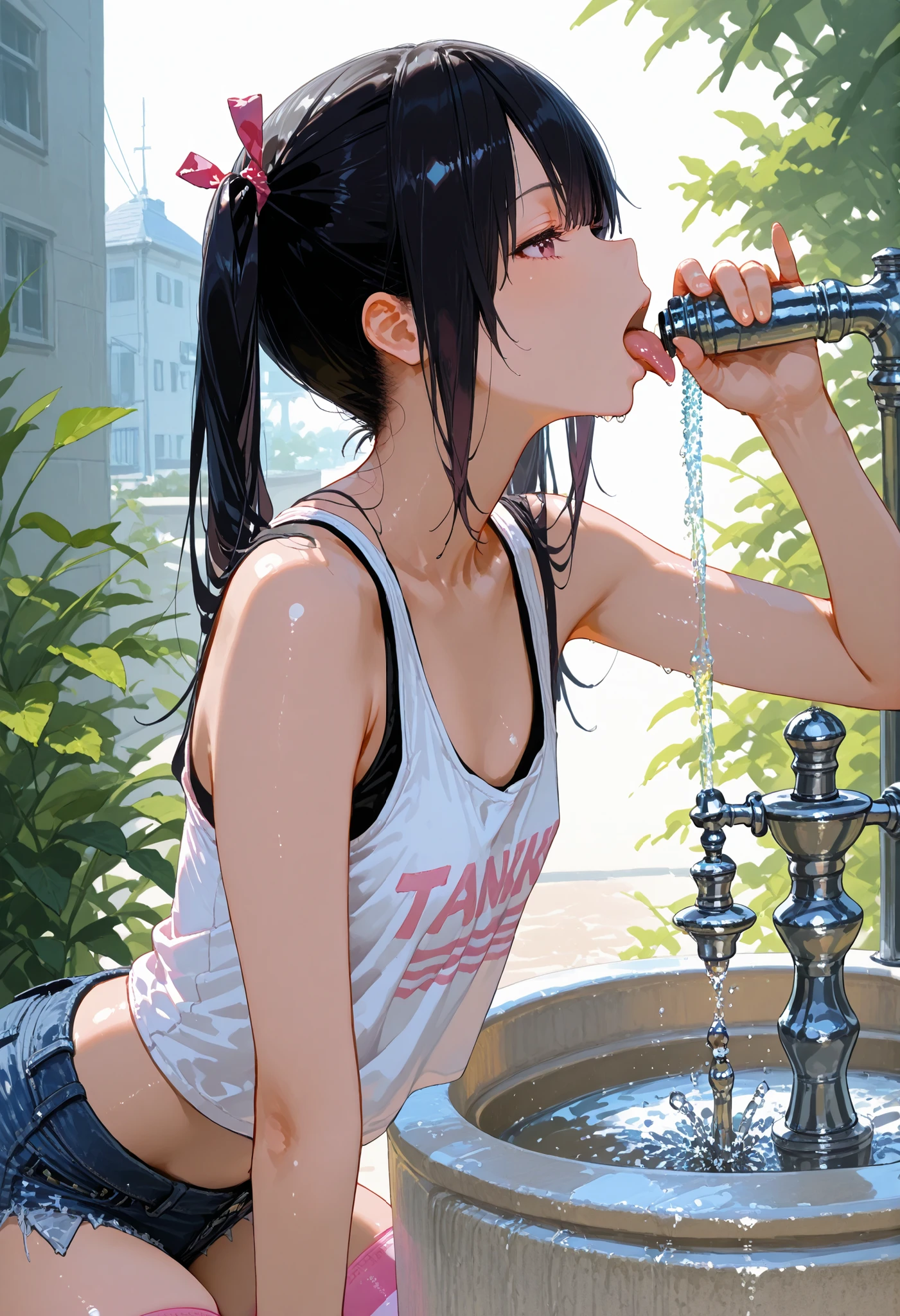 D_jirooo , 1girl ,, tanktop , hotpants , twintails , black_hair , flat_chest , pink_striped_thighhighs , drinking_fountain , adjusted_hair , from_side , profile , glancing_at_viewer , tongue_out , leaning_foward