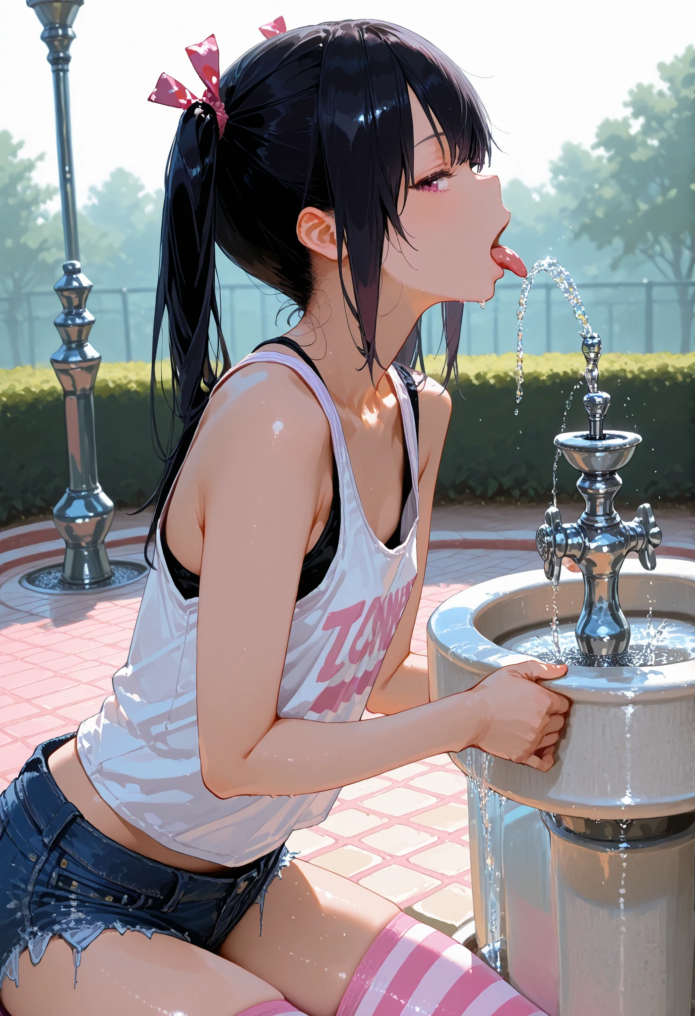 D_jirooo , 1girl ,, tanktop , hotpants , twintails , black_hair , flat_chest , pink_striped_thighhighs , drinking_fountain , adjusted_hair , from_side , profile , glancing_at_viewer , tongue_out , leaning_foward