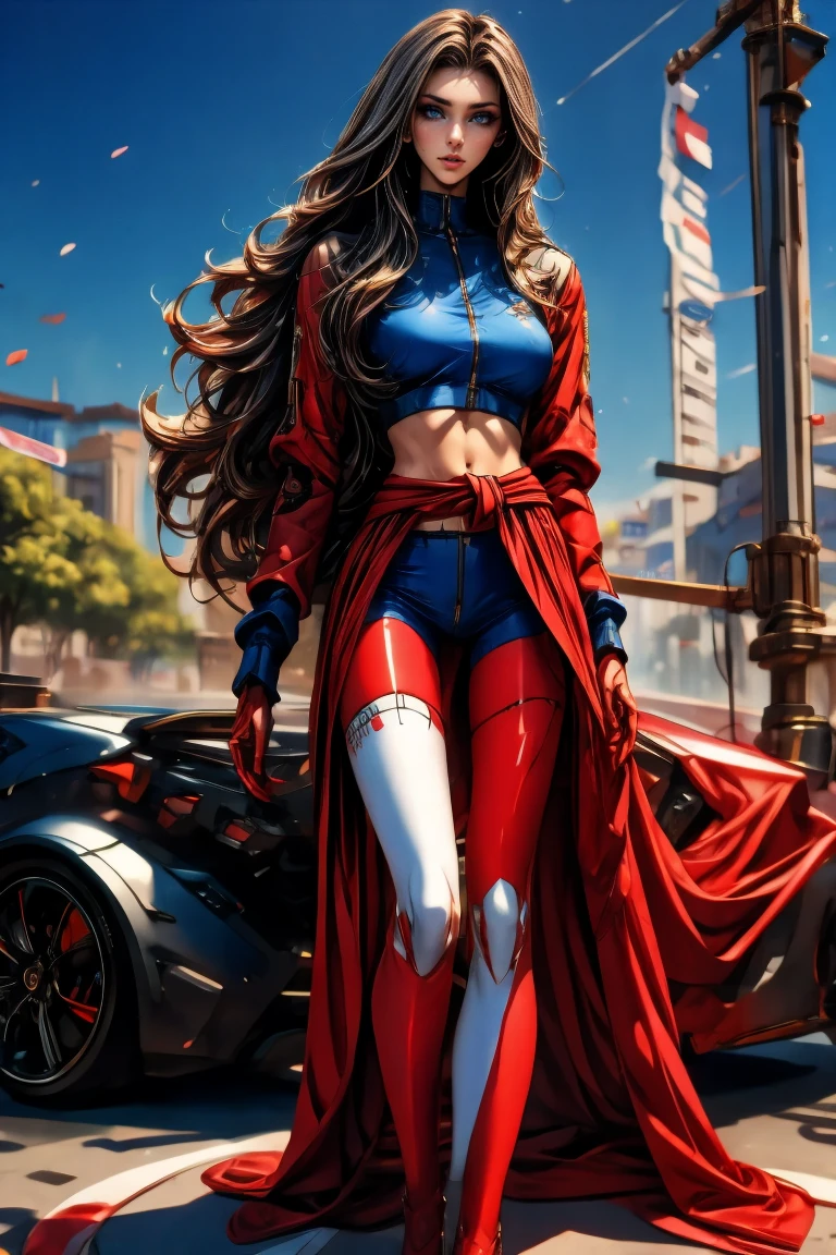 A full-body, ultra-detailed semi-realistic digital painting of a mature Serbian woman in her early 40s, with a tall, statuesque, and elegant figure that radiates strength and cultural pride. Her proportions follow a 10-heads-tall fashion model silhouette, with a modestly full bust, narrow waist, long athletic legs, and graceful posture. She stands confidently, with a subtle hip tilt and relaxed arms. Her skin is fair and smooth with a porcelain glow. Her facial features are traditionally Slavic—high cheekbones, a straight nose, defined jawline, and almond-shaped steel blue eyes under strong brows. Her expression is calm and noble, lips full and balanced, painted in matte wine-red. Her makeup is sculpted and minimal: taupe eyeshadow, soft contour, and light highlighter.

She wears a modern race queen outfit influenced by Serbian heritage. The zip-up crop top is deep red with navy accents, embroidered with silver geometric patterns on the shoulders and sleeves. A matching ultra-short miniskirt features navy side panels, silver-trimmed edges, and a crimson sash-style waistband resembling a traditional Serbian belt. Black thigh-high boots with silver embroidery and deep red fingerless gloves complete the bold yet refined ensemble.

Her dark brown hair is silky and straight, parted at the side and flowing down to her waist in polished, smooth strands. It is tucked behind one ear to reveal her facial features, with no bangs or accessories. The balanced length and natural volume of her hair enhance her poised, composed presence.

She stands before traditional stone architecture under soft golden light, with a subtly blurred Serbian urban backdrop that highlights her dignified appearance. Masterpiece, best quality, semi-realistic, 8K resolution, cinematic lighting, hyperrealistic portrait, finely detailed.