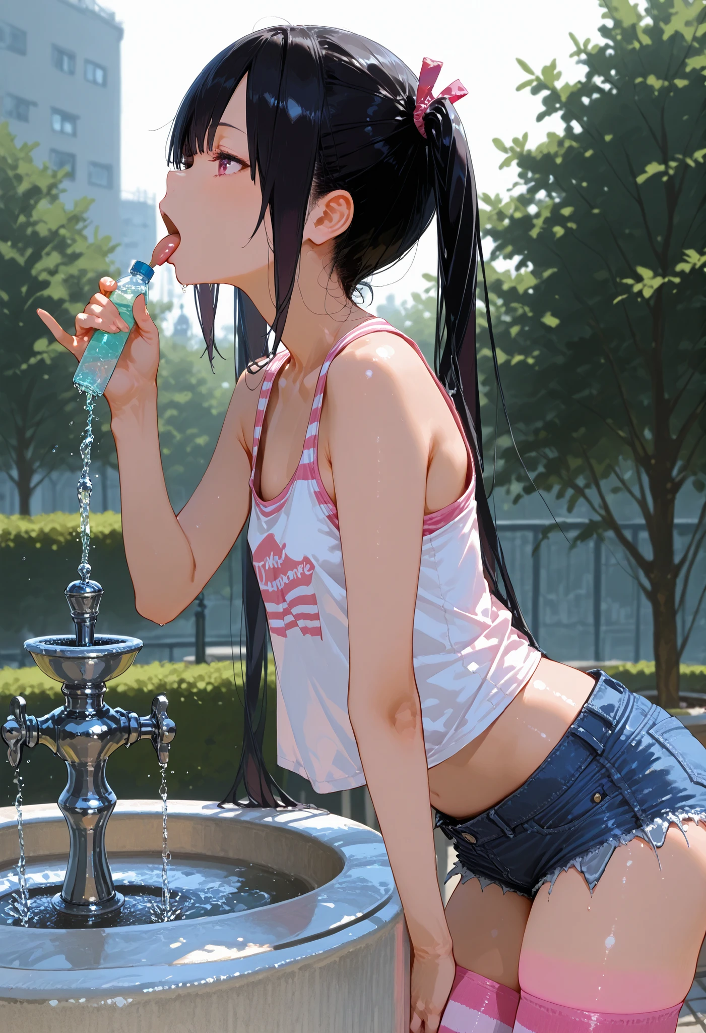 D_jirooo , 1girl ,, tanktop , hotpants , twintails , black_hair , flat_chest , pink_striped_thighhighs , drinking_fountain , adjusted_hair , from_side , profile , glancing_at_viewer , tongue_out , leaning_foward