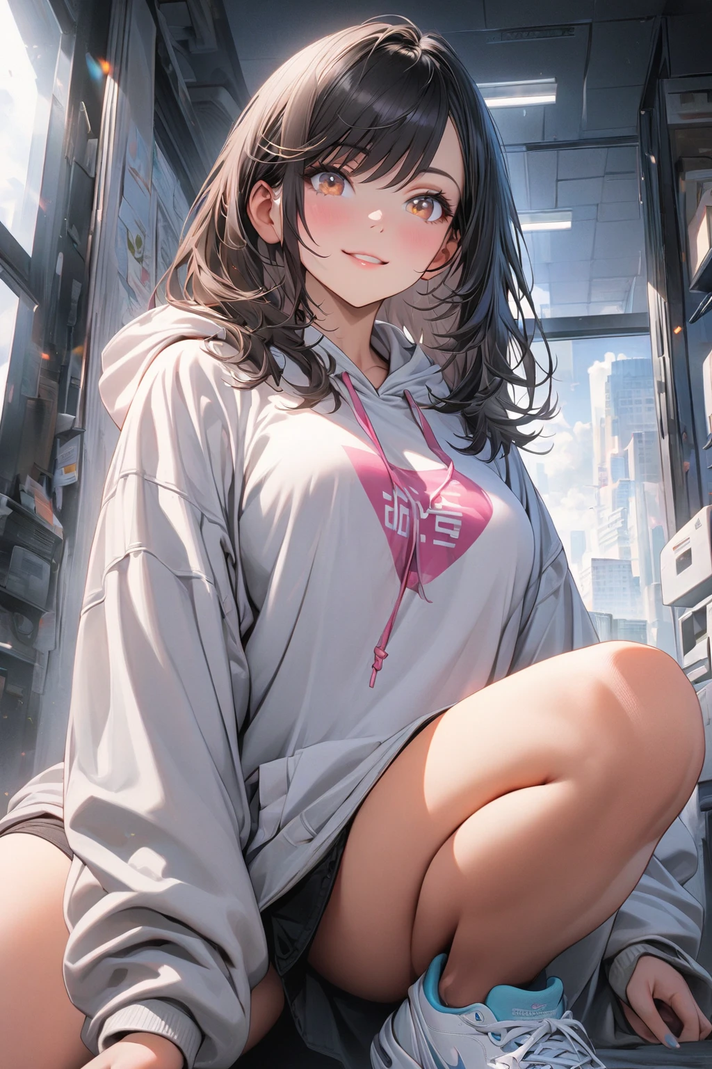 absurdres, RAW photo, extremely delicate and beautiful, masterpiece, Best Quality, ultra high resolution, 32k, hyperrealistic, ultra-detailed, delicate facial features, beautiful detailed woman, tearful mole, earring, medium breasts, (full body shot), medium hair, black hair, hoodie, sportswear,