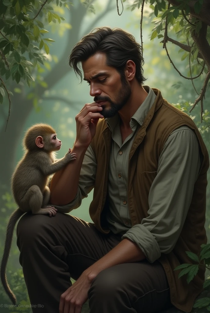 Only man one hand fingers siting on the smaller monkey 