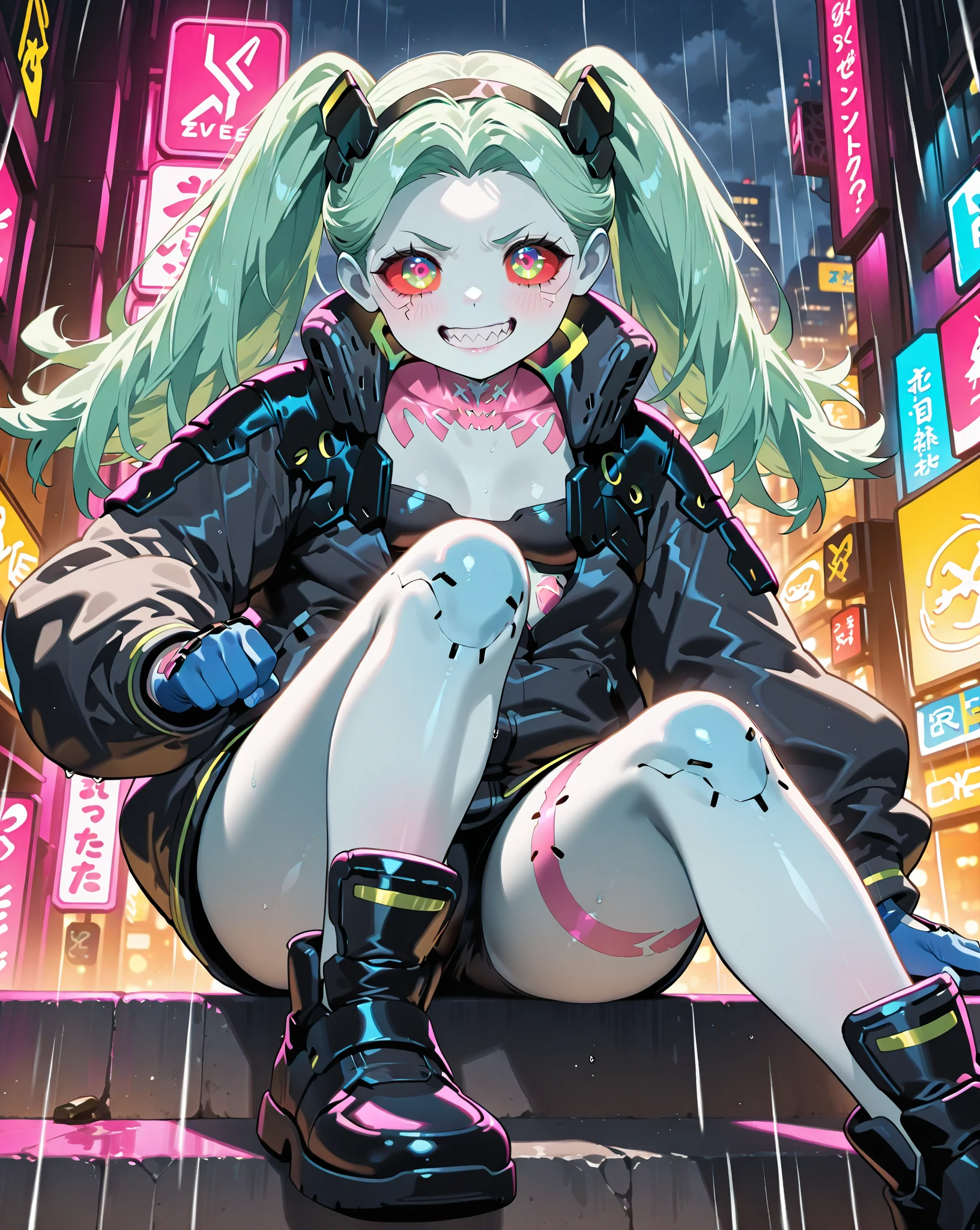 work of art, best qualityer, ultra detali, illustration, epic lighting, film composition, 1 girl, cute, red sclera,red pupils, cyborg, tatoo, hair green, colored fur, breasts small, Black jacke, standing, legs apart hands with black gloves with yellow details, lovely gaze, captivating pose, trunk:1.1, gazing at viewer, pretentious smile, cloused mouth, plein-air, citys, cyber punk, neon lights, Street, (natta, tenebrosa, tenebrosaness, tenebrosa como breu, eyeshadows:1.4), (8K:1.1),