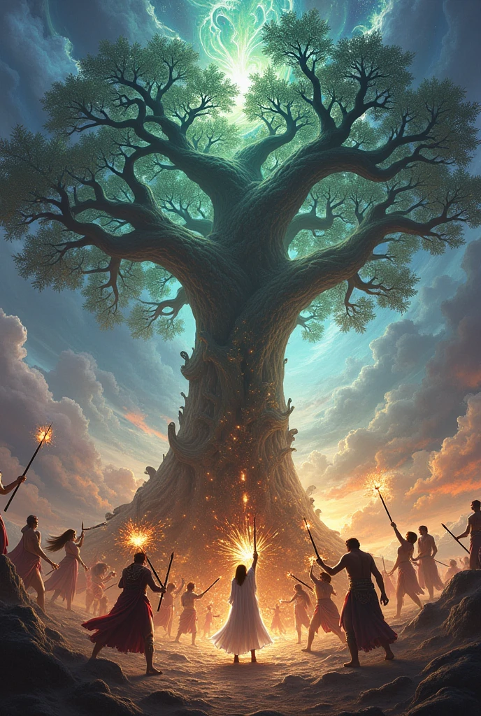 gods and goddesses fighting eachother for a tree 