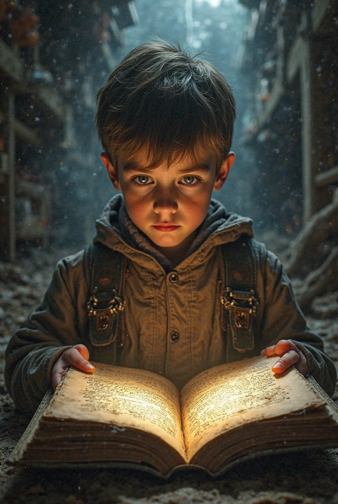 Create a scary picture with a scared boy holding a book for tiktok