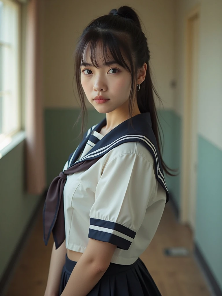 Beautiful Japanese high school girl in a sailor suit, 18 years old in live action。hairstyle is a ponytail。short skirt for hypnotic suggestion。She shyly sticks out the inside of a skirt that's hard to mistake for a T-back to her big butt。