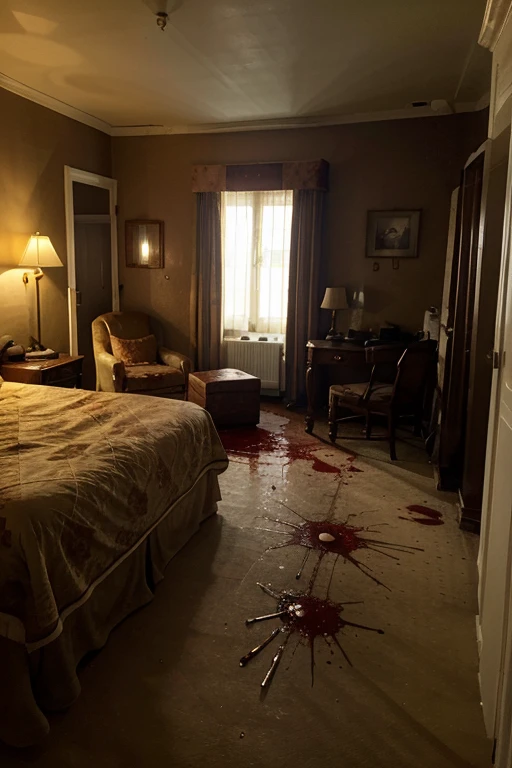 large bedroom, large oak bed, blood splatter on wall, window