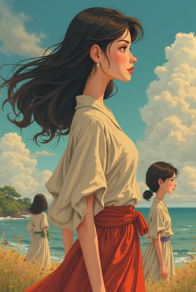 I want to make three women who later become one , I want a woman with a strong and calm mental state to be seen on the main plane and in the back I want a somewhat old lady , an adult and a young woman a little smaller than the adult. ghibli style