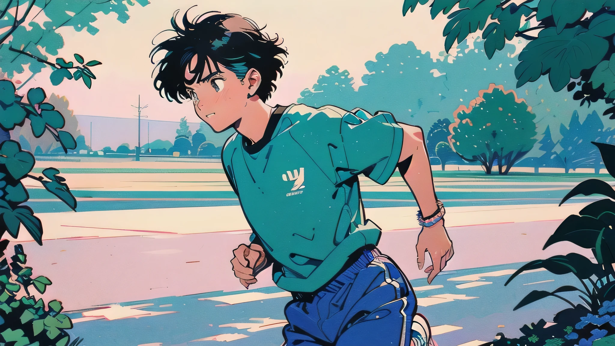 "An anime-style illustration inspired by 1980s city pop aesthetics. A close-up view of a young man with very short, neatly cropped hair jogging through a vibrant summer park. His retro athletic outfit includes a sleeveless tank top, short colorful running shorts, and vintage white sneakers. Beads of sweat glisten on his face and arms under the intense summer sun. The background is softly blurred but shows vivid green trees and glimpses of pastel urban buildings. The sunlight creates strong highlights and cinematic shadows across his face, capturing the dynamic motion and energy of a midday run. The color palette includes vibrant blues, greens, and warm sunlight tones, with a slight grain and soft glow reminiscent of 80s anime aesthetics and city pop album covers."