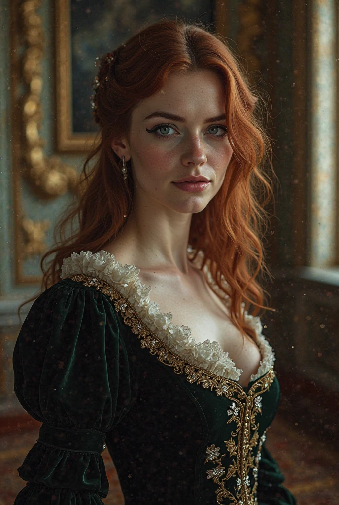 Realistic photo, woman is light redhead, but a historical dress, Palace, vampire countess  