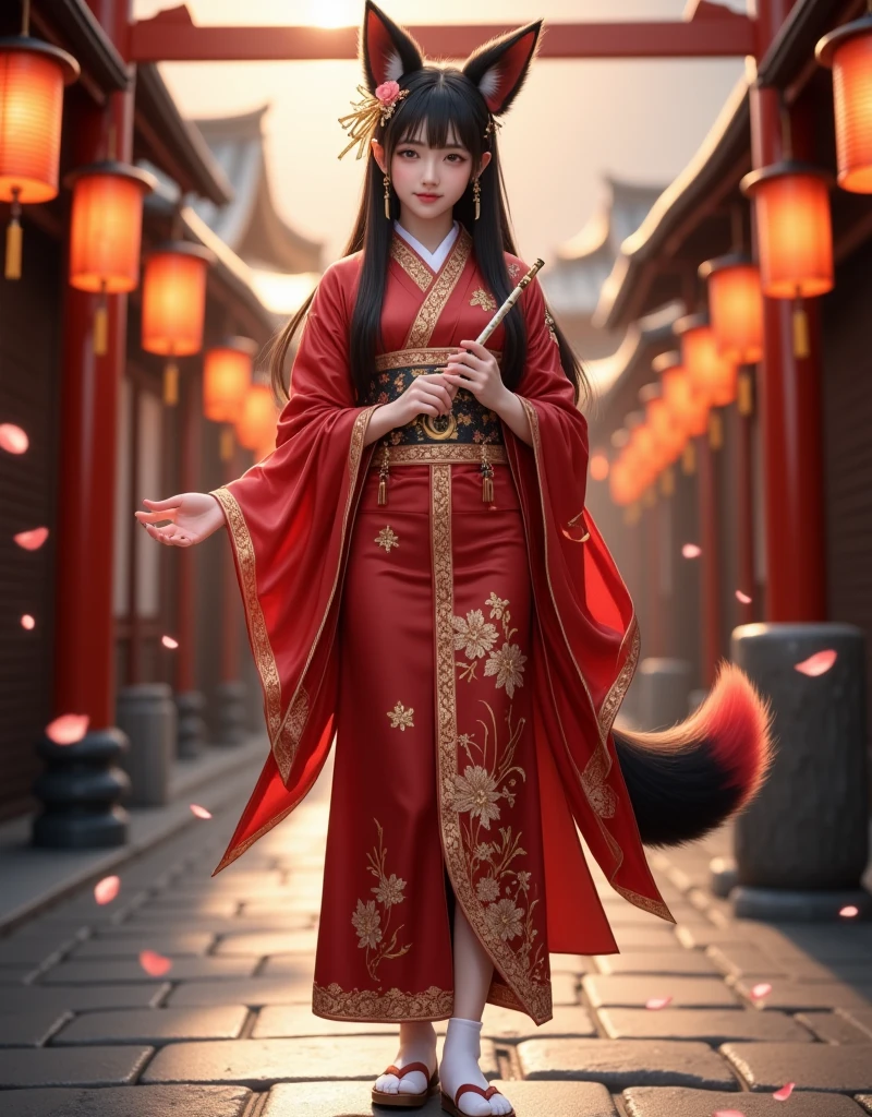 full-body portrait, a graceful fox-eared girl with a fluffy black-and-red fox tail, wearing a luxurious red kimono with intricate gold embroidery and floral patterns, long straight black hair adorned with ornate golden hairpins and dangling ornaments, holding a delicate flute with both hands, soft and elegant facial features, black and red fluffy fox ears, white tabi socks and wooden sandals, standing calmly on a lantern-lit stone path in a traditional Japanese shrine, glowing red paper lanterns in the background, falling petals, golden hour lighting, subtle mist, cinematic atmosphere, photorealistic, 8k, ultra-detailed, masterpiece, best quality, photorealistic:1.5, ultra-detailed:1.3