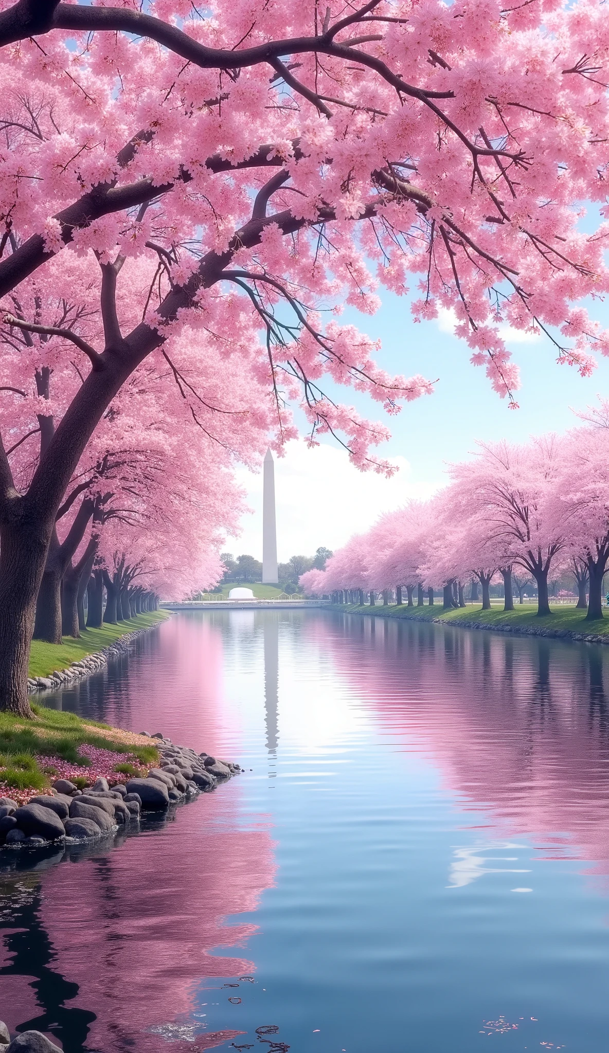 masterpiece, Best Quality, details,静寂、Cherry blossom trees along the Potomac River in Washington DC