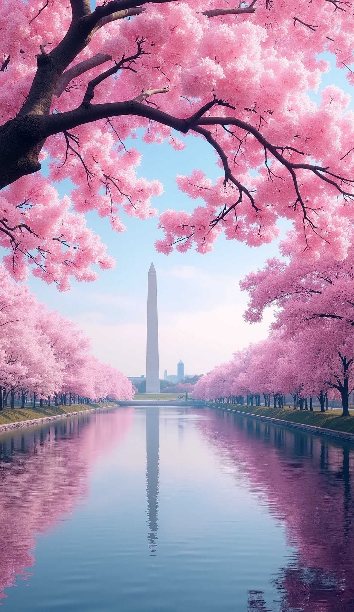 masterpiece, Best Quality, details,静寂、Cherry blossom trees along the Potomac River in Washington DC