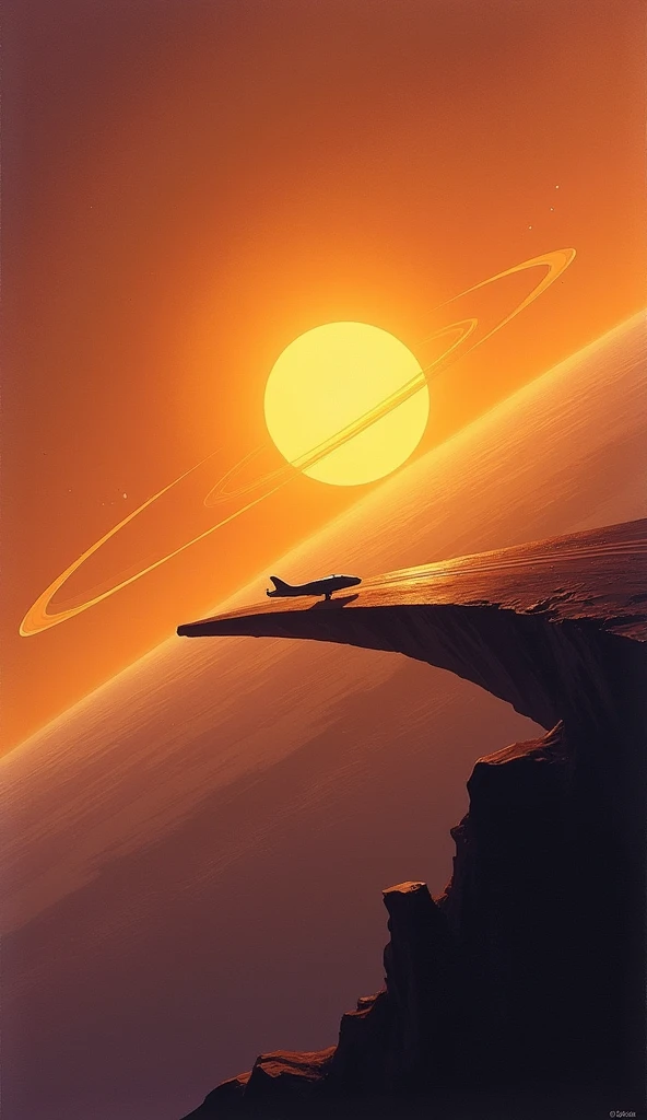 A time-lapse style image showing the sun rising and setting over the same plane as it flies along the planet’s edge over months, gouache painting, warm golds and dusky purples, dreamy and slow.