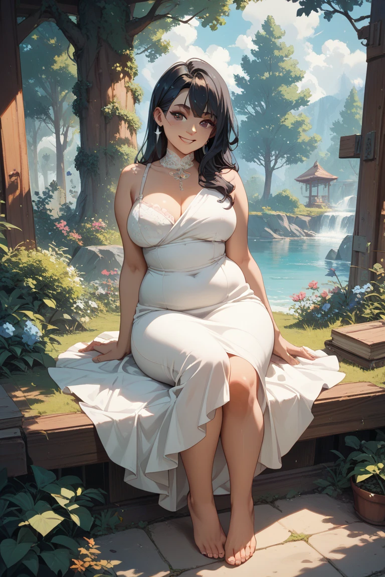 ((masterpiece, Best quality, a high resolution, ultra detailed),(Beautiful and aesthetically pleasing:1.2), detailed eyes and face, whole body, 1 woman, adult, (black long wavy hair), ((green eyes)), female body, Beautiful body, perfect body, flirtatious smile, ardent look, Loose flowy oversized dress in delicate color with print, bare feet, walk in the garden, Flower Garden, evening, golden hour, many flowers, apple trees bloom, Lilacs are blooming, short term pregnancy