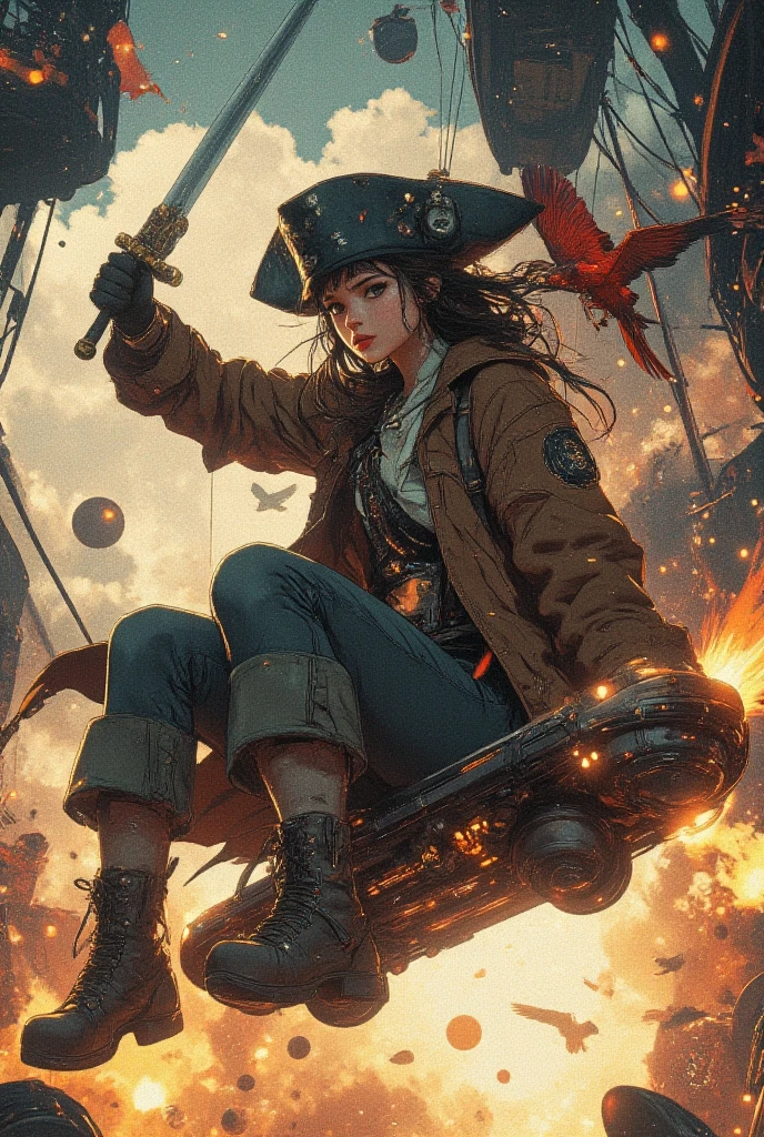 a beautiful pirate with hat and brown coat, she is riding a flying hover board, she is holding a pirate sword, dynamic pose, powerful attacking stance, flying red parrot, the background is flying pirate ship, cyberpunk, explosion, combining both classic adventure costume with futuristic sci-fi, retro anime style, minimalist, simple, delicate, soft lighting.