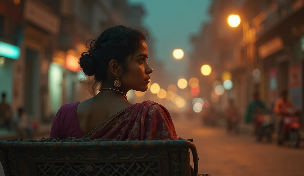 A Bangladeshi woman in a rickshaw, passing through an old Dhaka street at night, streetlights glowing, background blur, dreamy romantic lofi vibe