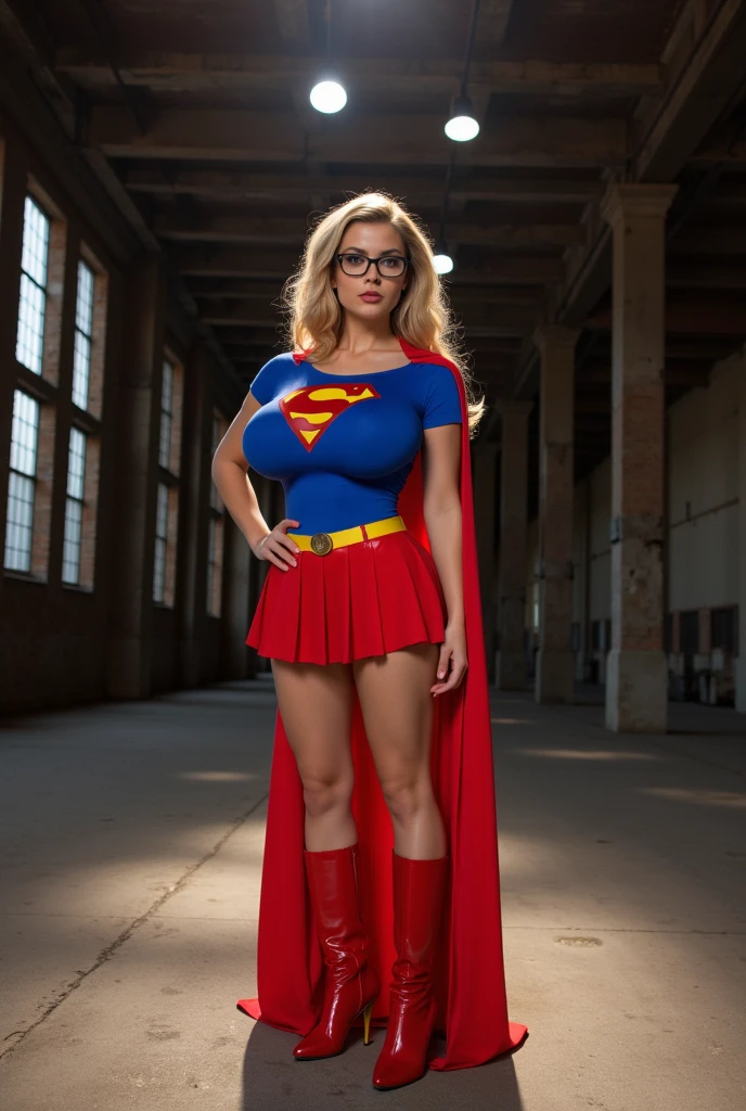 Full body shot of a beautiful blonde with a curvy body and large breasts. Melissa Rauch. Wearing glasses and a skimpy lingerie Supergirl outfit with black pantyhose 