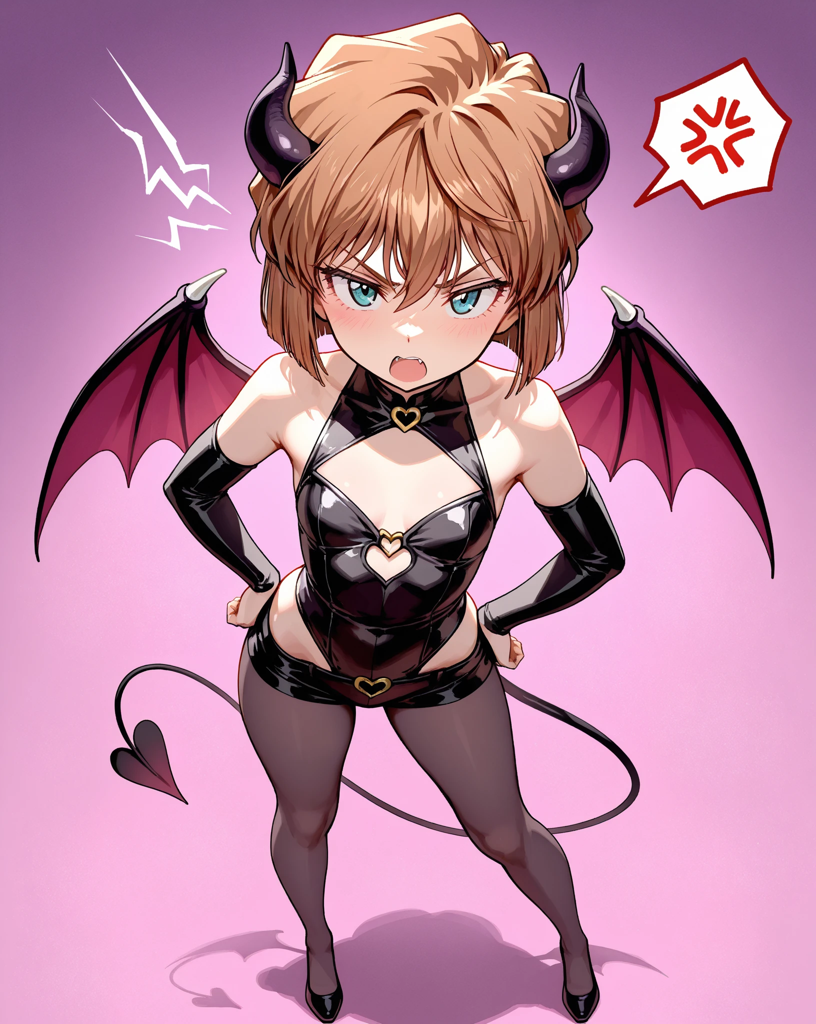 ((Highest quality)), ((masterpiece)), (detailed), (Perfect Face)、The woman is a naked demon queen, Devil Queen Liza, wearing a shiny black full-body bodysuit decorated with gold, a sexy female demon, Devil Queen Liza、The woman is a female demon with magnificent devil horns, jet black devil wings, and a jet black tail. She is looking at the camera with a happy expression, she is a demon named Liza, with short brown hair and the expression of a girl in love.、The woman is Liza