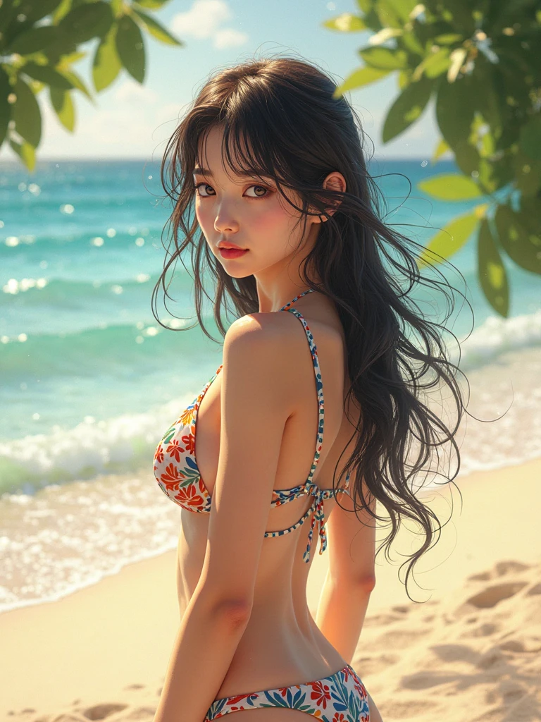 (1 Girl:1.3), Solo, (((Highly Detailed Face)))), (((Highly Detailed Eyes and Face)))), Beautiful Detail Eyes, Body parts__, Official Art, Unified 8k Wallpaper, Ultra Detailed, Round Face, Beautiful, Masterpiece, Masterpiece, Best Quality, Original, Masterpiece, Ultra Micro Photography, Best Quality, Ultra High Definition, Realistic Realism, Bangs Long Hide Forehead, Sunlight, Full Body Portrait, Amazing Beauty,Dynamic pose with bra removed, small hips delicate face, black vivid eyes, (from the front), small plain string bikini, dark navy blue bikini without pattern, detailed face, beach sunset background, night scene, highly detailed skin, realistic skin details, visible pores, clear focus, UHD, digital one
