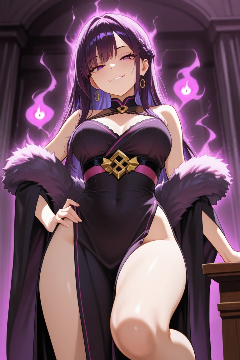 (high quelity), Female Lelouch, JK, pink uniform, thight stockings, high heels, mischievous smile, light blush, looking at viewer, huge breasts, precise hands, sexy pose, detailed background, cleavage, purple eyes, empty eyes, long hair