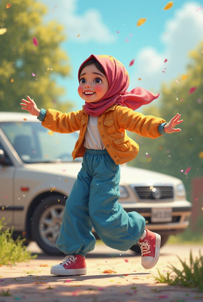 Realistic, adorable, 1girl, hijab, height: 120 cm, Indonesian, baby face, adorable face, cute face, happy, full body shot, (face details: 1), (eye details: 1), ((large breasts)). ((Gigantic breasts)). ((Big breast)). ((Saggiest breasts)). Micro shorts, ((topless)). knee high socks, Cute posed, side view pose, dancing, parade, People in the background, blurry background 0.4, Ultra High Res. realistic: 1.4, UHD