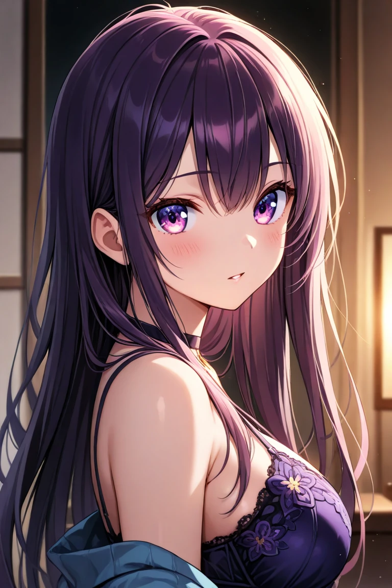 closed eyes: (narrowed eyes:1.3):11 ,Realistic, real person, (pale skin: 1.2), Side shot、upper body,leaning forward、RAW photo, photorealistic, shiny skin, shiny hair、 (A 25-year-old woman with straight hair and bangs) and (medium hair) and (black hair) and (purple eyes) , (purple:1.5) and (yukata)、Cleavage、 (embarrassed,blush:1.3),(open mouth:1.5),The background is a Japanese-style corridor at night、(alone:1.5)、nsfw,(ecstasy:1.3) ,(slut:1.2),(vulgarity:1.3),(fucked silly:1.1),(trembling:0.8),(tears:0.7)